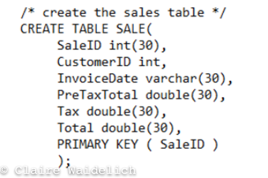 SQL database create commands