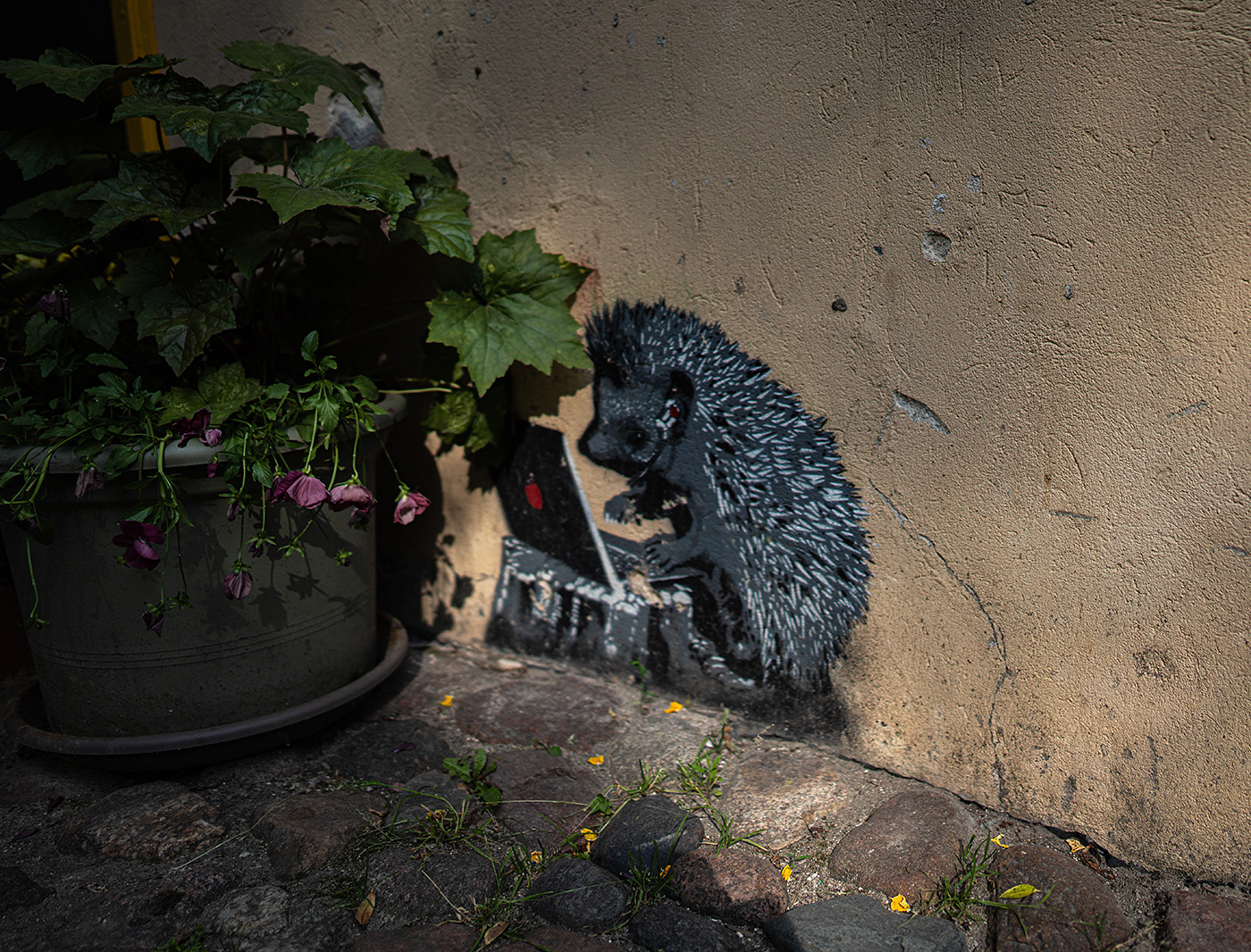 A mural of a small hedgehog using an Apple laptop