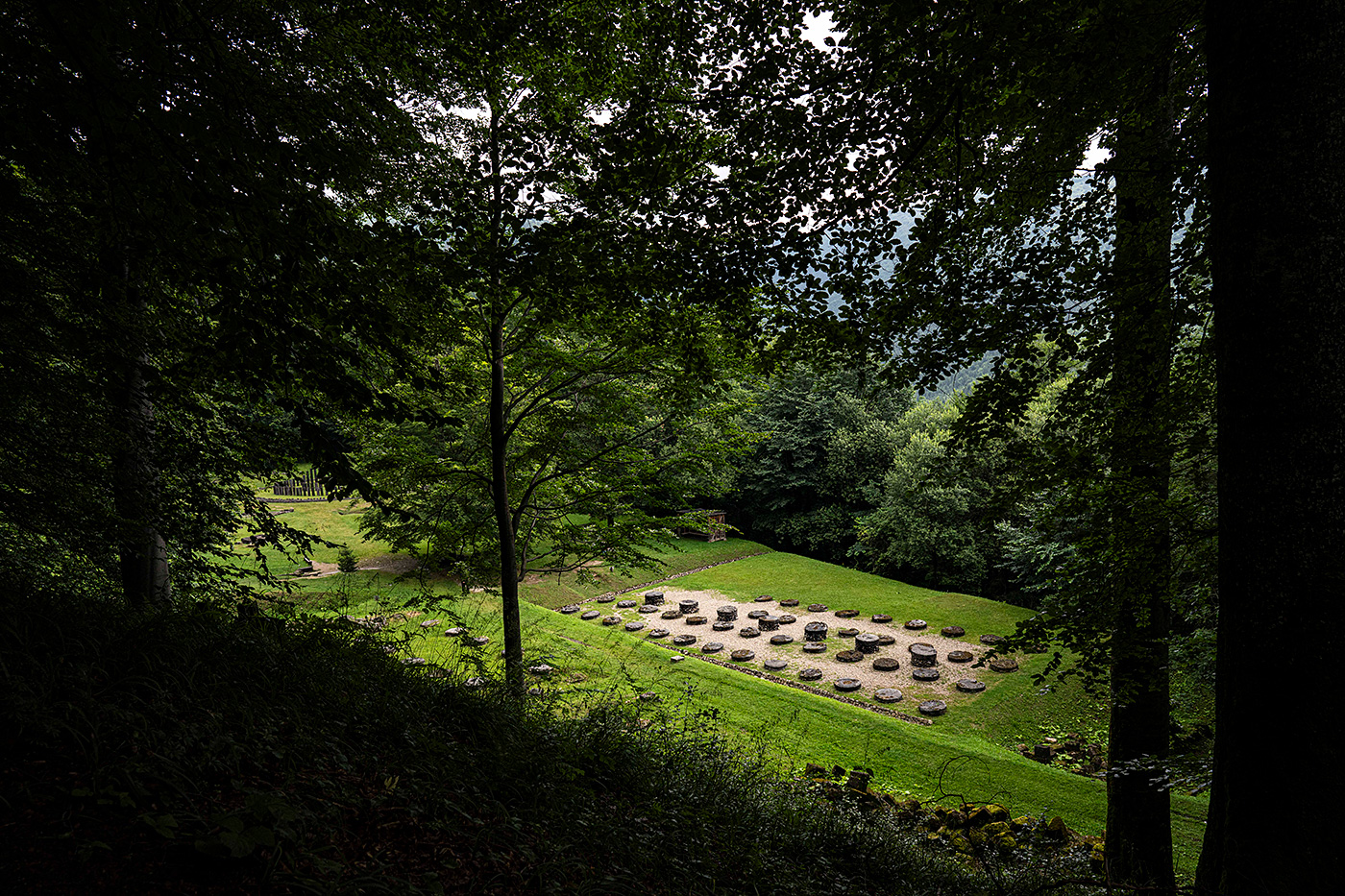 A photo of temple ruins through dark trees