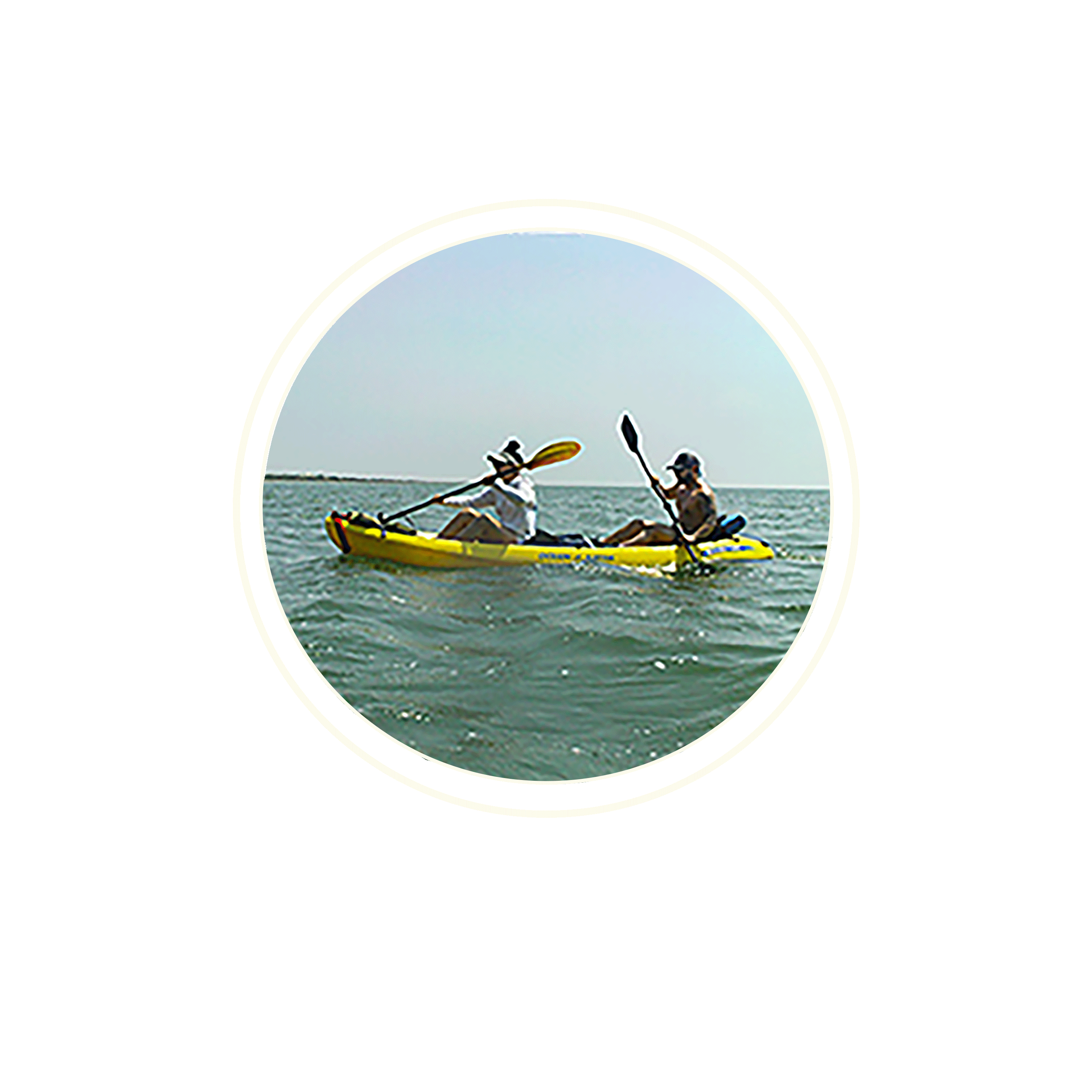 A couple paddling a yellow kayak.