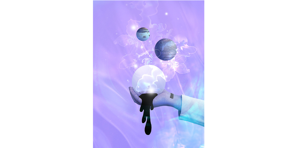 Graphic design of hand holding a planet.