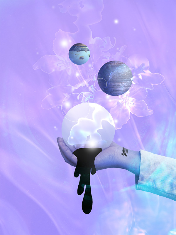 Graphic design of hand holding a planet.